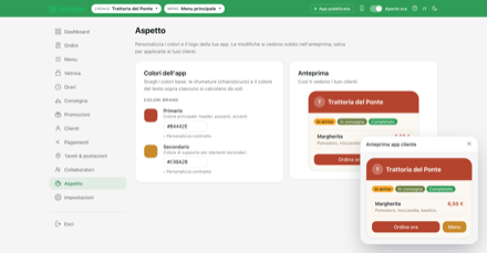 The Look page of the Mobee dashboard: the business's colours on the left and the preview alongside, showing how customers will see the online storefront
