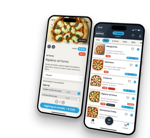 L'app di una pizzeria su due telefoni: l'elenco delle pizze con prezzi e punti, e la scheda di una pizza con allergeni e aggiunte da spuntare