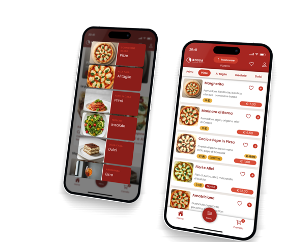 A pizzeria's app on two phones: the menu categories with dish photos and the pizza list with prices and points earned