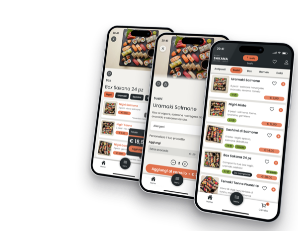 A sushi bar's app across three screens: the menu by category with prices and points, an uramaki's page with allergens and extras, and the box being built with the total updating