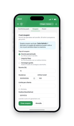 Creating a coupon in Mobee Manager: the choice between percentage discount, fixed amount and free delivery, the discount percentage, the expiry date, the number of uses and the coupon code