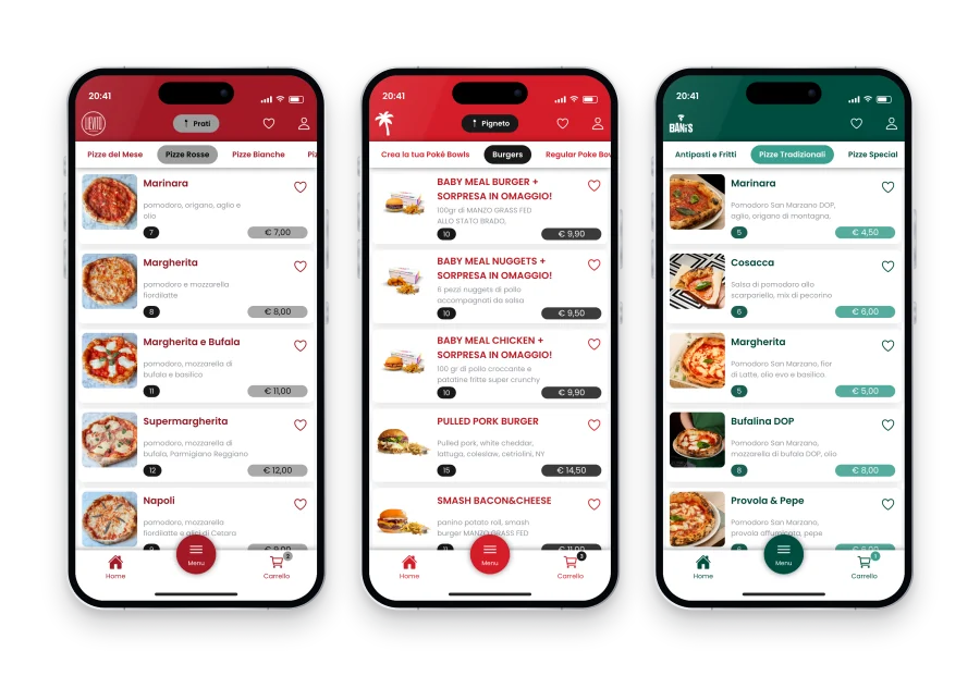 Tre menu Mobee personalizzati di Lievito, California Cookhouse e Bani's Pizzeria su smartphone