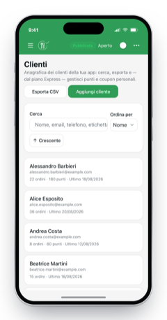 Customer records in Mobee Manager: search by name, email or phone, sorting, CSV export, and for each customer the number of orders, points earned and the date of the last order