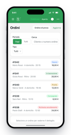 Order search in Mobee Manager: filters by period and type, search by customer or order number, and the list with each order's status