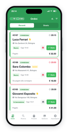 List of orders in Mobee Manager: for each order the number, delivery type, customer name, address, status and amount, with buttons to print and update the status