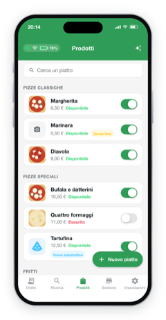 Product management in Mobee Manager: dishes grouped by category with photo, price and availability, the toggle to remove or add back a dish to the menu, and a dish marked as sold out