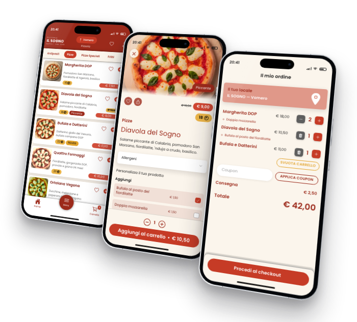 A pizzeria's online ordering page across three screens: the menu with dish photos, a pizza's detail page with extras, and the cart with the order total
