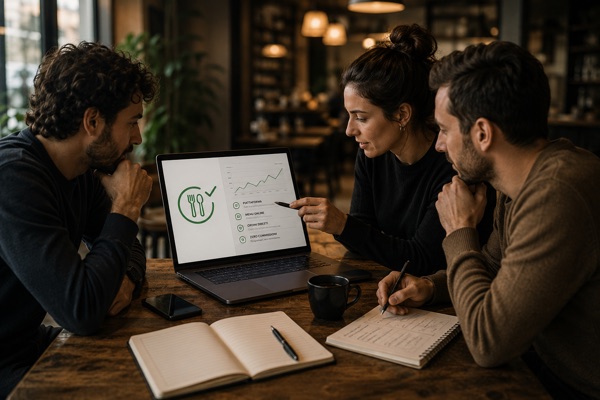 Three people sitting at a table look at a laptop showing the Mobee dashboard, with order trends and the online menu, direct orders and zero commission entries