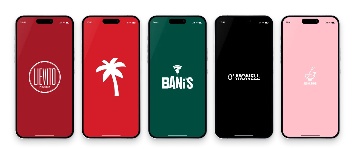 Cinque App personalizzate Mobee con nomi, loghi e colori di ristoranti e pizzerie