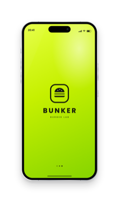 Schermata di apertura dell'app di Bunker, un burger lab, con il suo logo su fondo verde acido