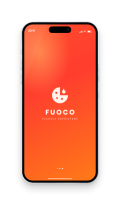 Schermata di apertura dell'app di Fuoco, una pizzeria napoletana, con il suo logo su fondo arancio