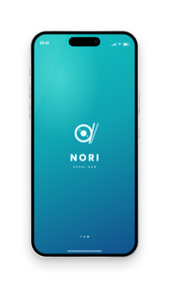 Schermata di apertura dell'app di Nori, un sushi bar, con il suo logo su fondo turchese