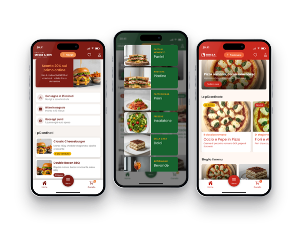 The online ordering page of three different businesses on three phones: a burger joint, a pizzeria and a sandwich shop, each with its own name, colours and dishes