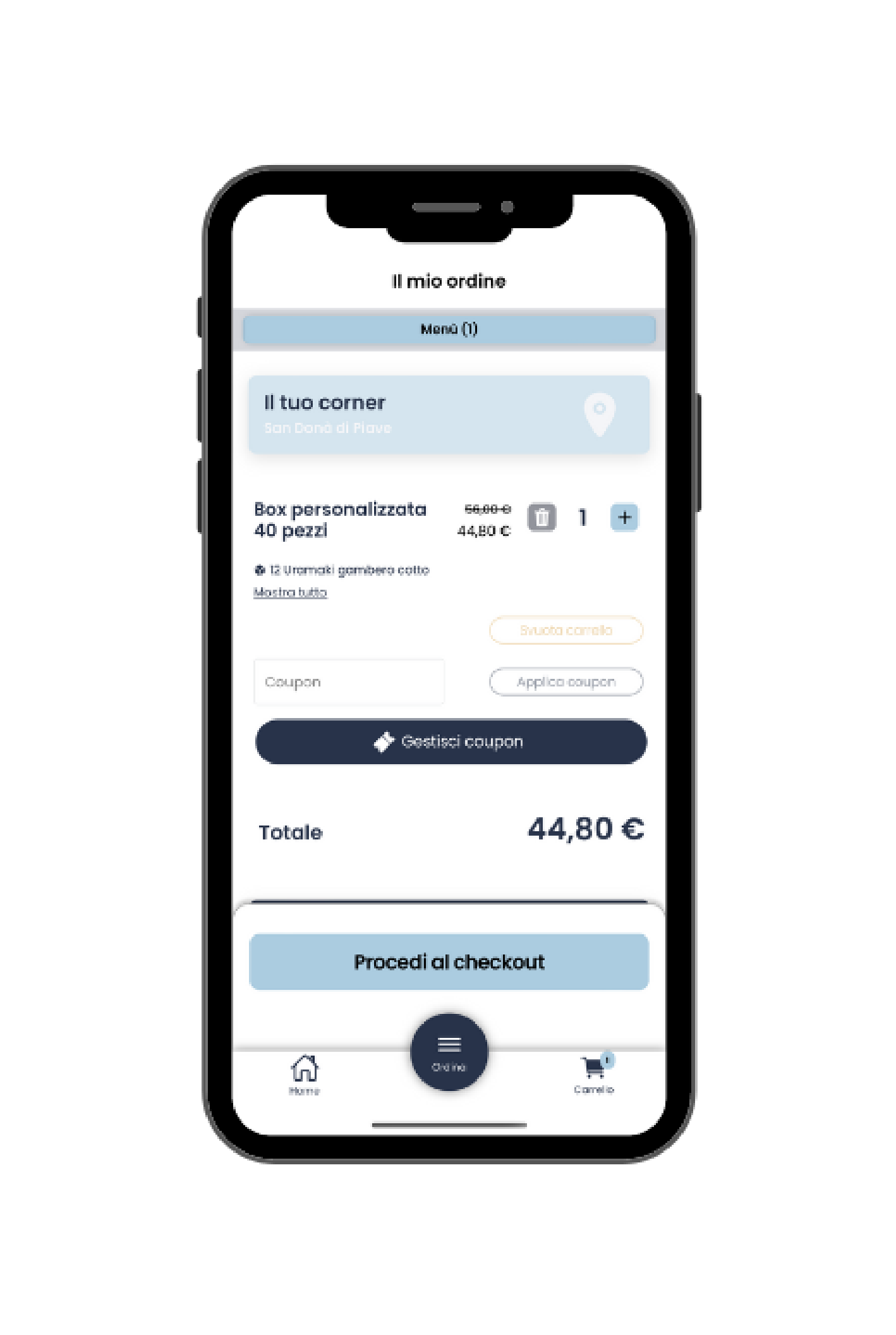 Carrello dell'app Mobee con riepilogo ordine delivery o asporto